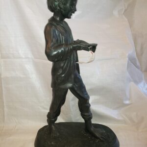 Antique 30" French Bronze Sculpture – Barefoot Boy with Cap and Open Palm 30"